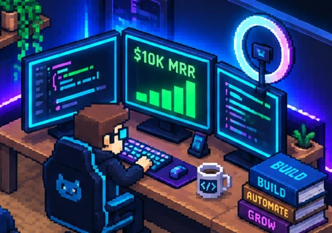 Concept art of a triple-monitor desk with a $10K MRR chart, a ring light and a stack of books.