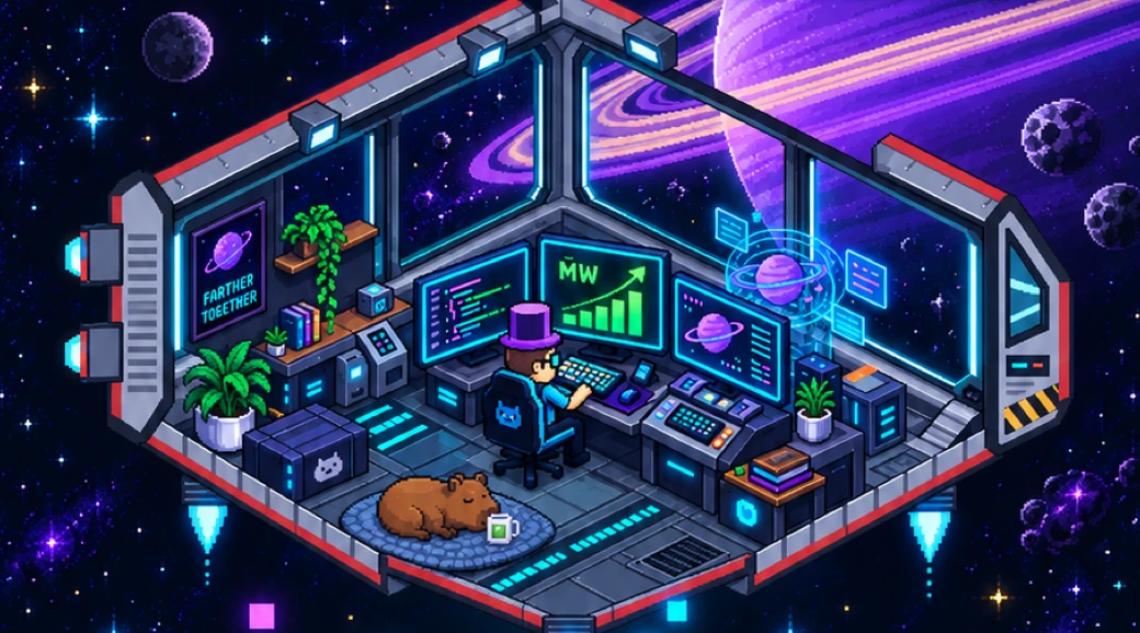 Concept art of the Orbital Starship Hub: the desk and the sleeping capybara inside a spaceship hull, a purple ringed planet outside the window.